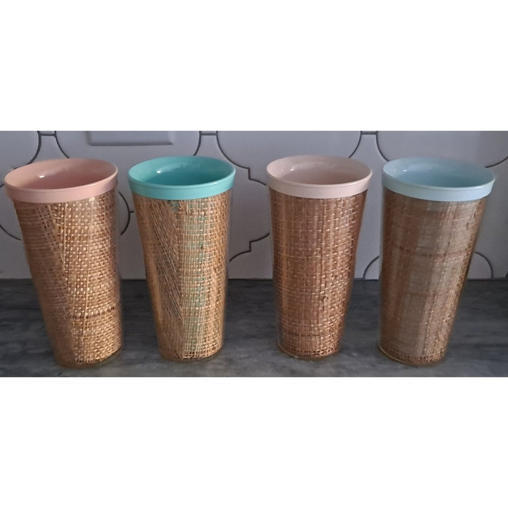 1950'S VINTAGE MID CENTURY MODERN BURLAP PLASTIC MULTICOLOR TALL TUMBLER GLASS 4